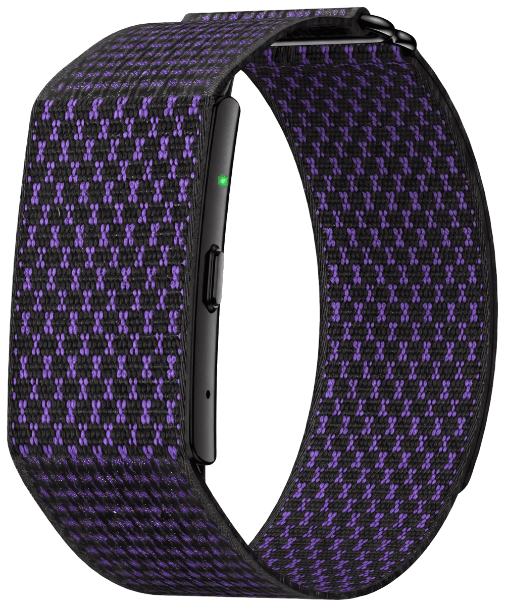 FocusLM Capture band: a screenless black module on a woven black and violet strap, with a single button and a recording light